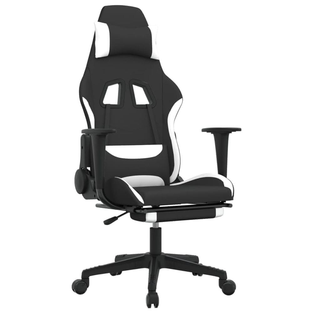Vidaxl Masážna herná stolička s podnožkou, čierna a biela, látka